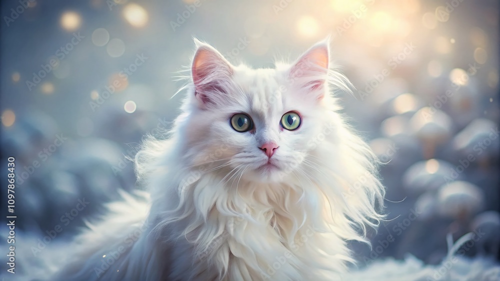 Enchanting White Fluffy Fur Kitten with Soft Curl Style in a Tilt-Shift Photography Scene, Capturing the Beauty of Natural Bleached Color Like Winter Snow Enchanting White Fluffy Fur Kitten with Soft Curl Style in a Tilt-Shift Photography Scene, Capturing the Beauty of Natural Bleached Color Like Winter Snow