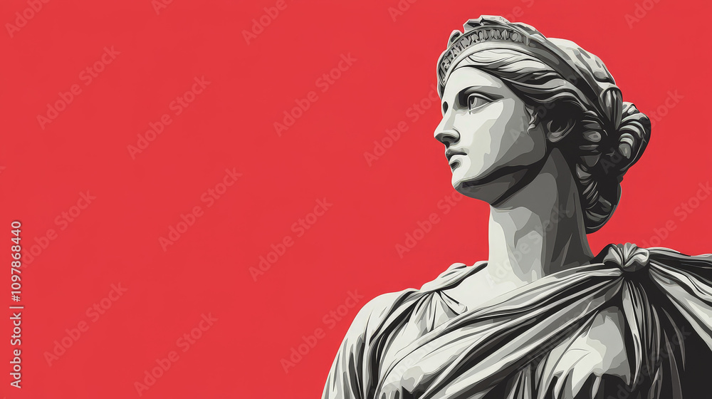 stylized depiction of a classical Greek statue of a woman, with elegant drapery and a headband, set against a bold red background, emphasizing its timeless beauty and cultural significance stylized depiction of a classical Greek statue of a woman, with elegant drapery and a headband, set against a bold red background, emphasizing its timeless beauty and cultural significance