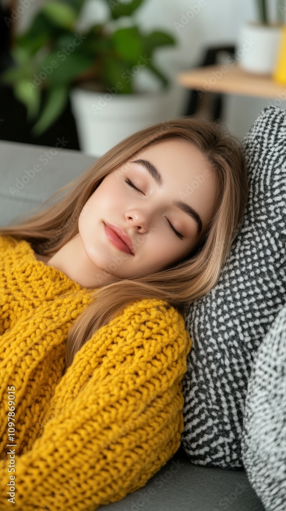 Woman with closed eyes resting on a cozy couch in yellow sweater Woman with closed eyes resting on a cozy couch in yellow sweater