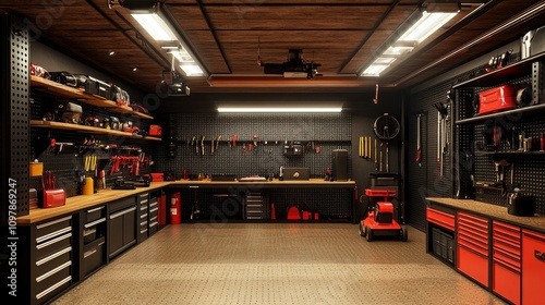 A well-structured garage interior showcasing neatly hung tools on pegboards, organized shelving units, and a spacious area for parking and working