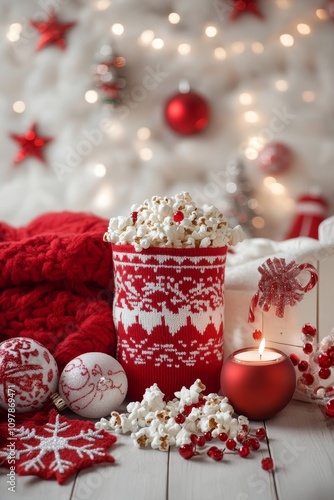 Cozy Christmas Eve Festive Popcorn, Knitted Blanket, and Twinkling Lights Set the Mood