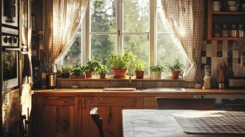 Rustic, homey kitchen with wooden cabinets, a farmhouse table, checkered curtains, and potted herbs on the windowsill, bathed in natural light