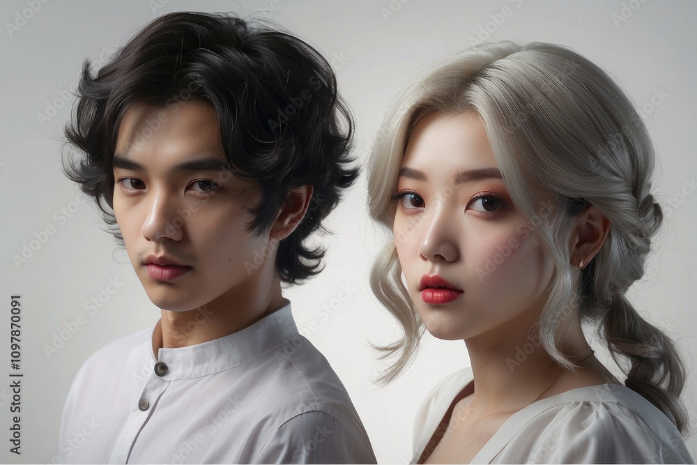 Young Adults With Stylish Hairstyles Pose Together in a Neutral Backdrop. Generative AI Young Adults With Stylish Hairstyles Pose Together in a Neutral Backdrop. Generative AI