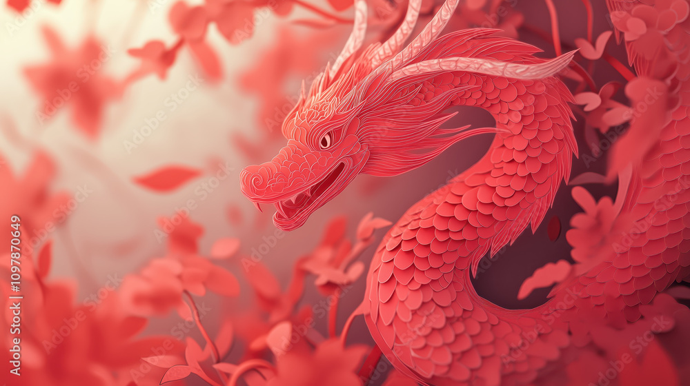 Fototapeta premium Chinese dragon new year background. Paper cut style, Traditional Festive, Zodiac