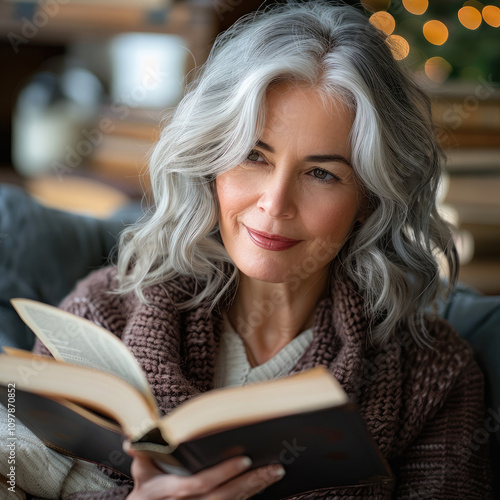 A pretty middle aged woman with shoulder length grey hair reading a paperback book. photo