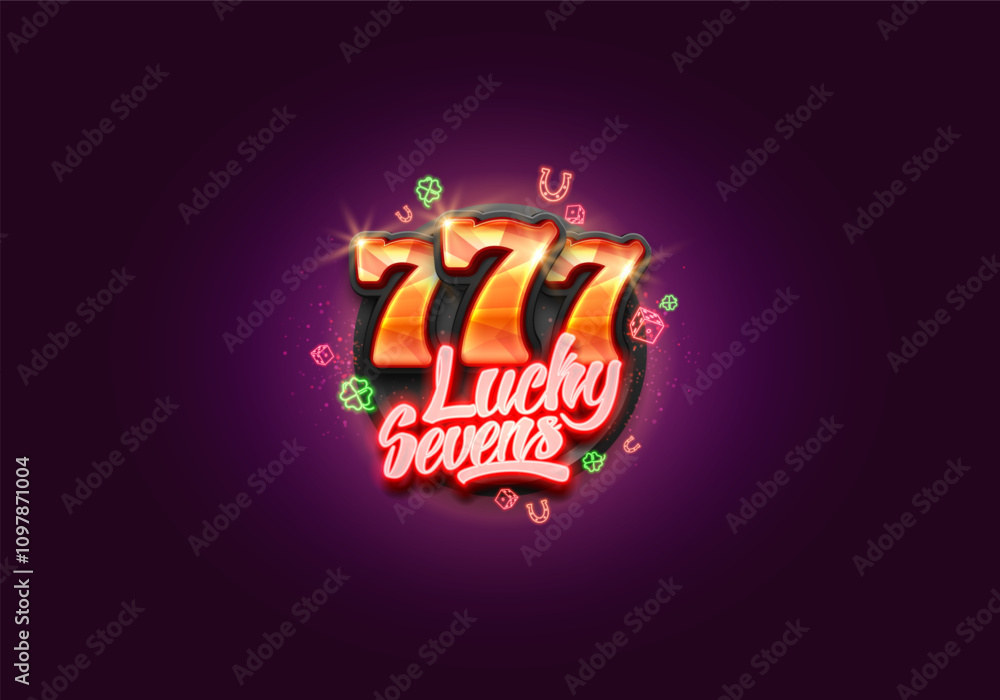 Obraz premium Lucky sevens. Casino banner with neon gaming symbols on a bright background. Vector illustration.
