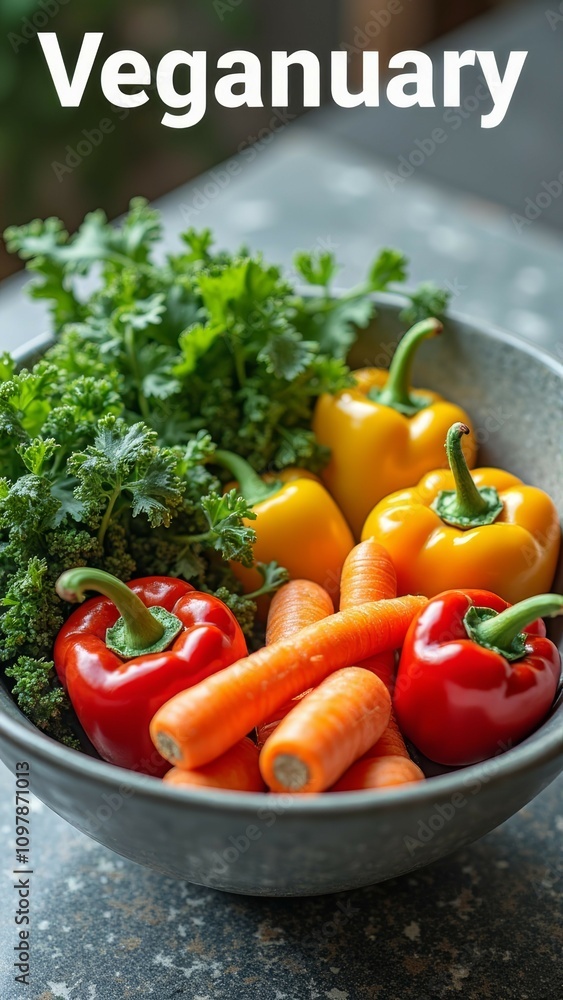 Fresh veganuary display: colorful peppers, carrots, and kale in a bowl Fresh veganuary display: colorful peppers, carrots, and kale in a bowl