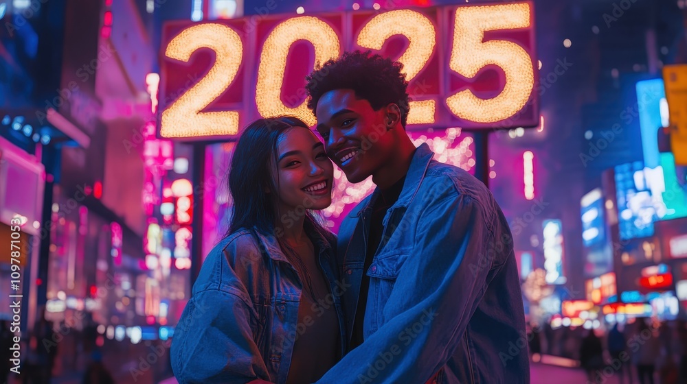 Obraz premium Couple Embraces In Times Square New Years Eve 2025