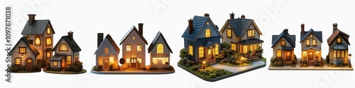 set of a Three illuminated miniature houses with different architectural styles, on a transparent backgrounds