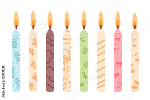 Candles flat set. Vector illustration collection isolated on white background.