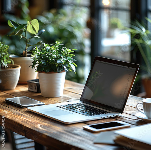 A bright and refreshing desk with a laptop and smartphone on the table, a notebook and a cup of coffee next to it, a leisurely balance between work and life. photo