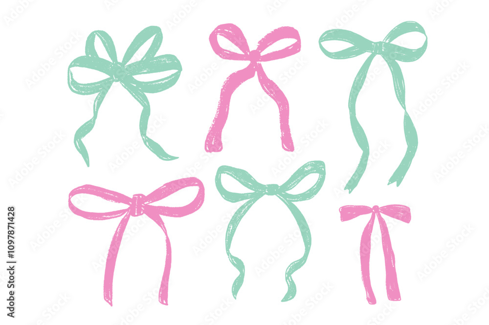 Crayon bow for packaging decor. Coquette ribbons collection for gift. Holiday childish accessories. Vector illustration. Crayon bow for packaging decor. Coquette ribbons collection for gift. Holiday childish accessories. Vector illustration.