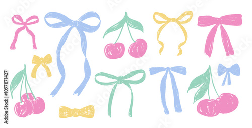 Crayon bow. Coquette ribbons in colorful pastel style. Pencils drawing cherry and bowknots collection for gift decoration. Vector illustration.