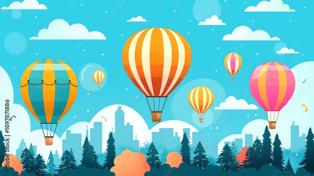 Fototapeta premium A cartoon illustration of hot air balloons floating over a city and forest.