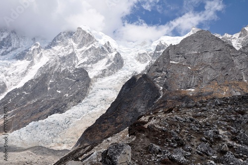 Snow covered mountains in Nepal Himalayas