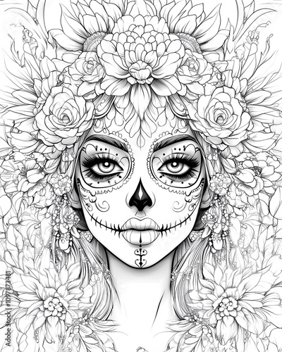 A woman with a flower headdress and a skeleton on her face