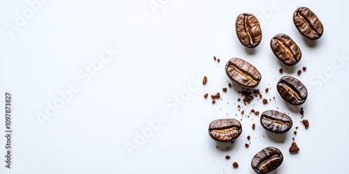 Coffee Beans and Ground Coffee Powder Spilled on White Surface photo