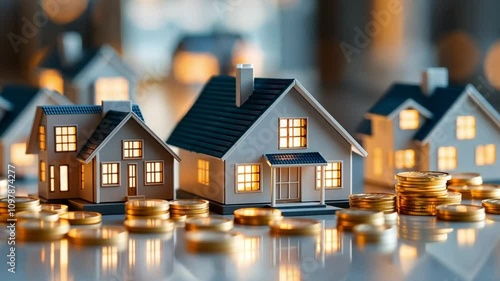 Wallpaper Mural Miniature houses with glowing windows sit on a table surrounded by stacks of gold coins. Torontodigital.ca