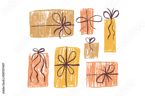 Crayon gift box birthday party set. Present packaging with ribbon bows. Collection of festive elements in doodle scribble style. Vector illustration isolated on white background.