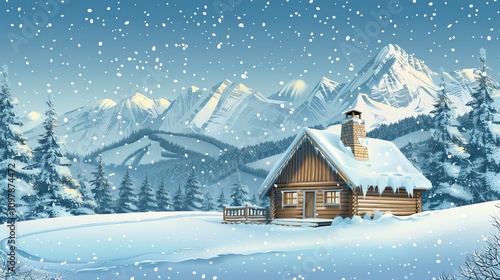 A charming wooden cabin sits amidst a snowy mountain landscape, with a gentle snowfall creating a serene winter scene.