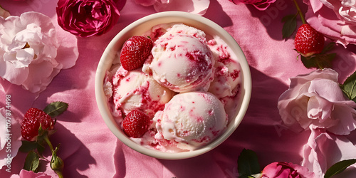 Strawberry Ice Cream in Bowl with Roses on Pink Background