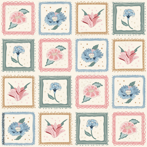 Indian chintz patchwork seamless pattern. Modern various flower in square vintage frames endless background. Floral repeat cover. Farmhouse ornament with wildflower. Vector hand drawn illustration.