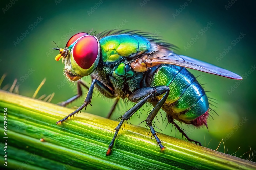 Fashionable Insect: Captivating Close-Up of a Fly Resting on a Green Blade of Grass in a Lush Outdoor Environment, Perfect for Nature and Insect Photography Collections Fashionable Insect: Captivating Close-Up of a Fly Resting on a Green Blade of Grass in a Lush Outdoor Environment, Perfect for Nature and Insect Photography Collections