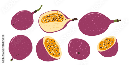 Passion fruits set. Vector tropical pieces, half and whole sweet maracuya food collection. Hand drawn flat collection illustration isolated on white background.