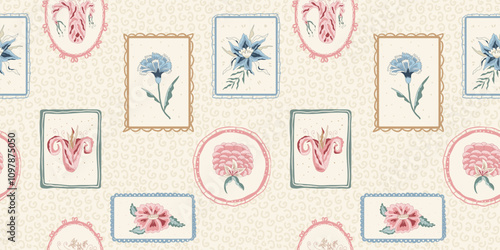 Farmhouse modern flower in retro vintage geometric frame endless background. Floral repeat cover with wildflower motif. Indian chintz seamless pattern. Vector hand drawn illustration.