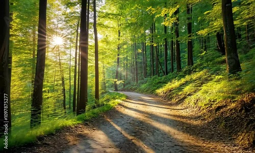Animation of A sunlit forest path winds through tall trees