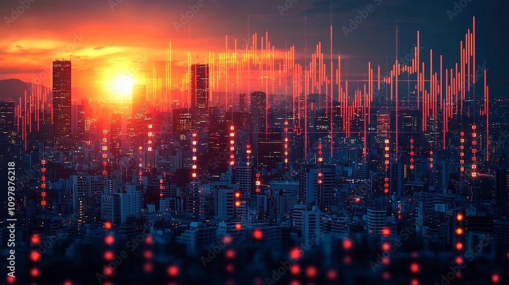 Futuristic Financial District Skyline with Digital Market Overlays Futuristic Financial District Skyline with Digital Market Overlays