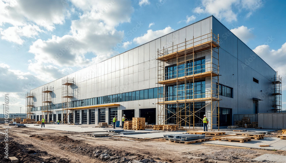 A nearly finished factory building with workers completing final construction touches.

