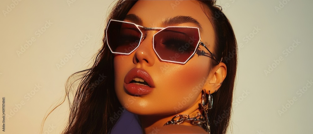 Stylish woman wearing sunglasses illuminated by glowing warm orange lighting symbolizing bold individuality confidence and modern artistic energy Stylish woman wearing sunglasses illuminated by glowing warm orange lighting symbolizing bold individuality confidence and modern artistic energy