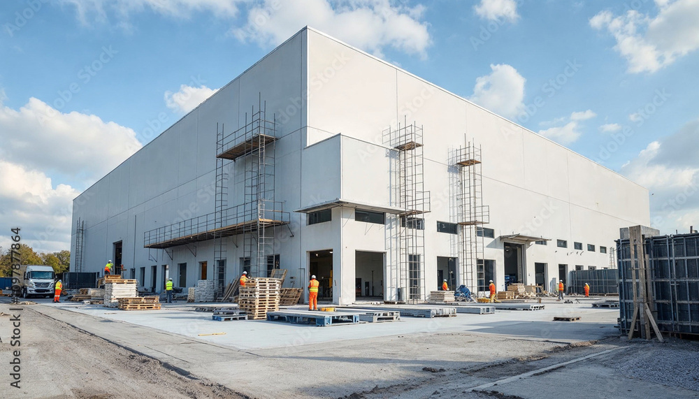 A nearly finished factory building with workers completing final construction touches.
A nearly finished factory building with workers completing final construction touches.