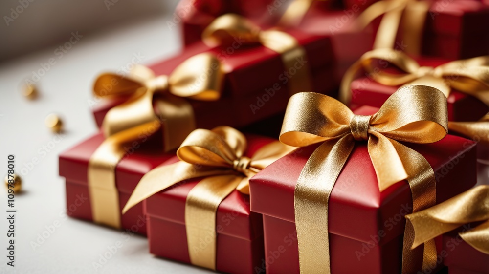 set of little red christmas gift boxes with golden ribbon bow isolated on white. set of little red christmas gift boxes with golden ribbon bow isolated on white.