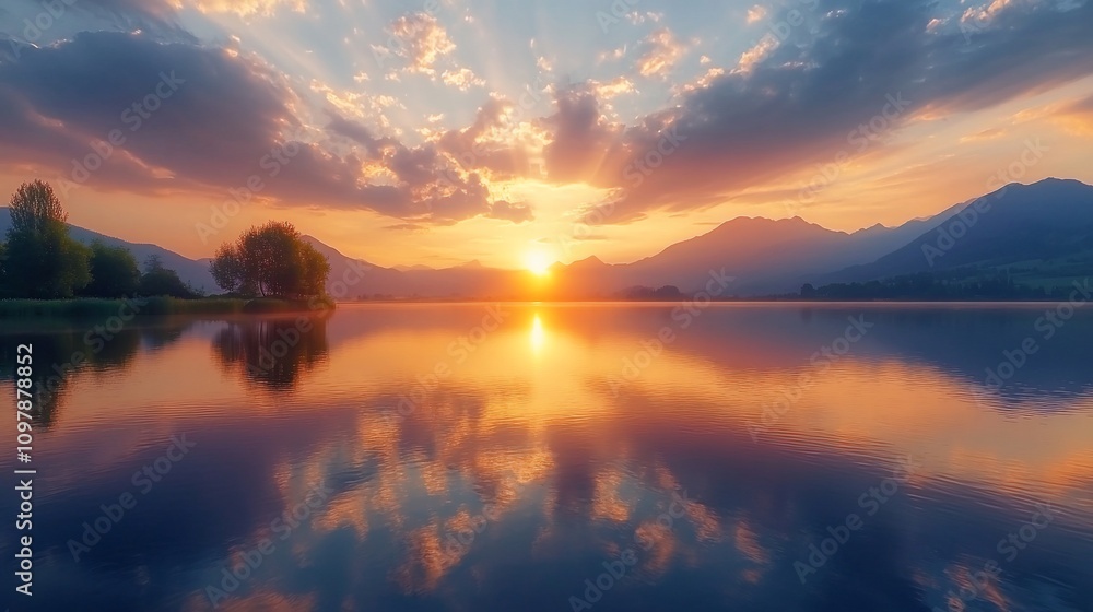Obraz premium Serene sunset over calm lake reflecting vibrant sky and mountains.