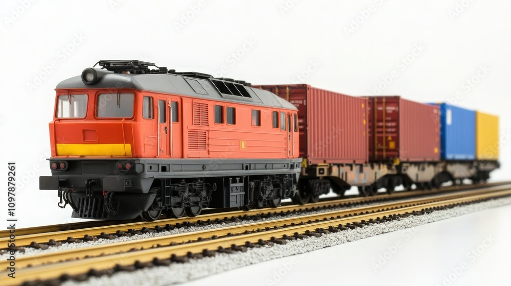 Fototapeta premium Train with Cargo Containers on Tracks Isolated on White