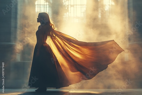 A woman in a flowing cape stands in a sunlit cathedral photo