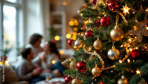 Festive Christmas tree with sparkling ornaments and a cozy family in the background.

 photo