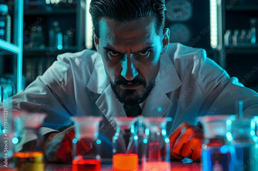 portrait of evil scientist with bottles with reagents looking at camera at workplace portrait of evil scientist with bottles with reagents looking at camera at workplace