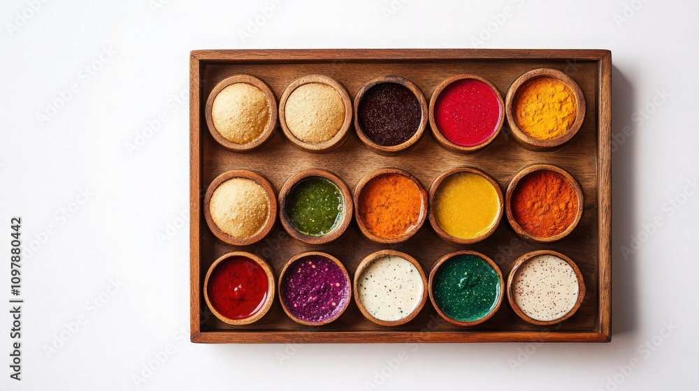 Naklejka premium Colorful Pani Puri Tray with Spices and Chutneys