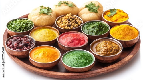 Colorful Pani Puri with Chutneys and Spices on Tray