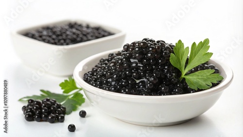 Black caviar in a bowl isolated on white background. Clipping path. Macro food photo