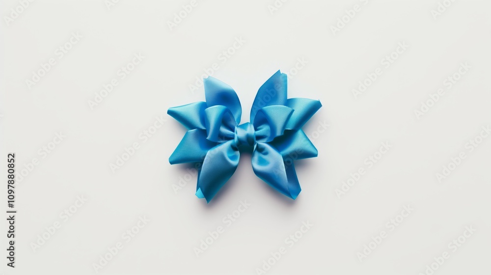a single gift-wrapping bow, vibrant blue satin-like texture with perfectly symmetrical loops, centered on a bright white background a single gift-wrapping bow, vibrant blue satin-like texture with perfectly symmetrical loops, centered on a bright white background