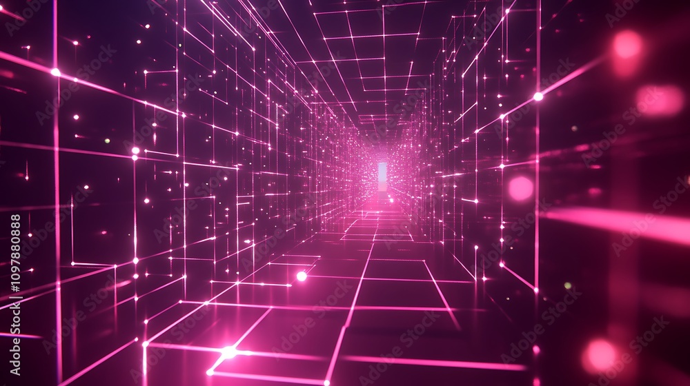 Fototapeta premium Pink Neon Grid Lines Form Futuristic Corridor