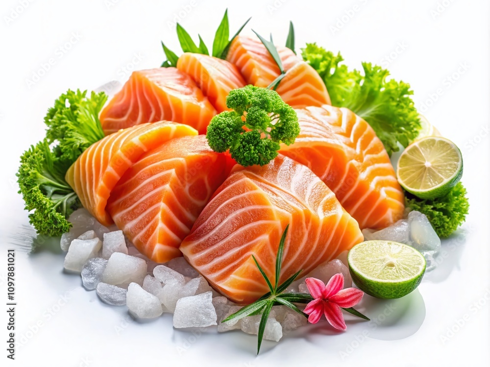 Fresh Salmon Sashimi Displayed Artistically on White Background with Vibrant Colors and Textures, Perfectly Cut for Culinary Presentation, Showcasing Seafood Delicacy, Gourmet Dish Fresh Salmon Sashimi Displayed Artistically on White Background with Vibrant Colors and Textures, Perfectly Cut for Culinary Presentation, Showcasing Seafood Delicacy, Gourmet Dish