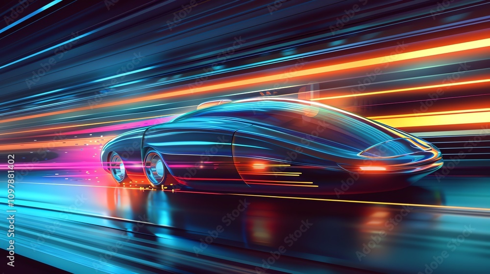 A futuristic car speeding through a neon city at night. A futuristic car speeding through a neon city at night.