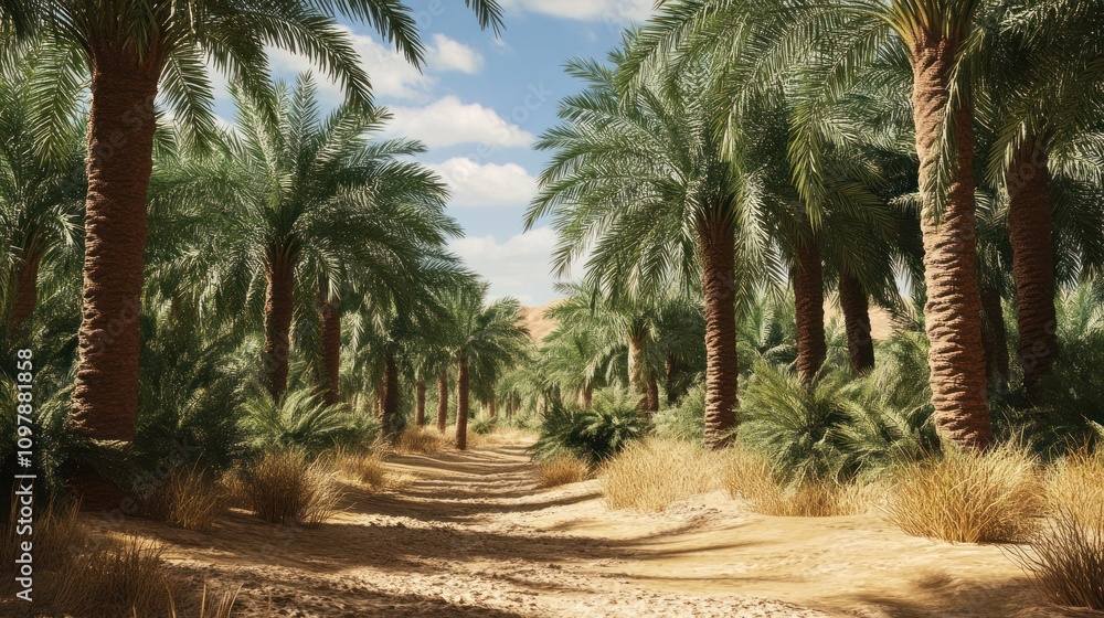 Obraz premium Palm Trees Leading into a Desert Oasis