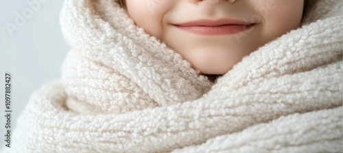 Close Up of a Child Wrapped in a Soft White Towel After Washing, Emphasizing Skin Health