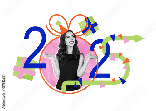 Woman celebrating New Year 2025 with colorful graphics and geome photo